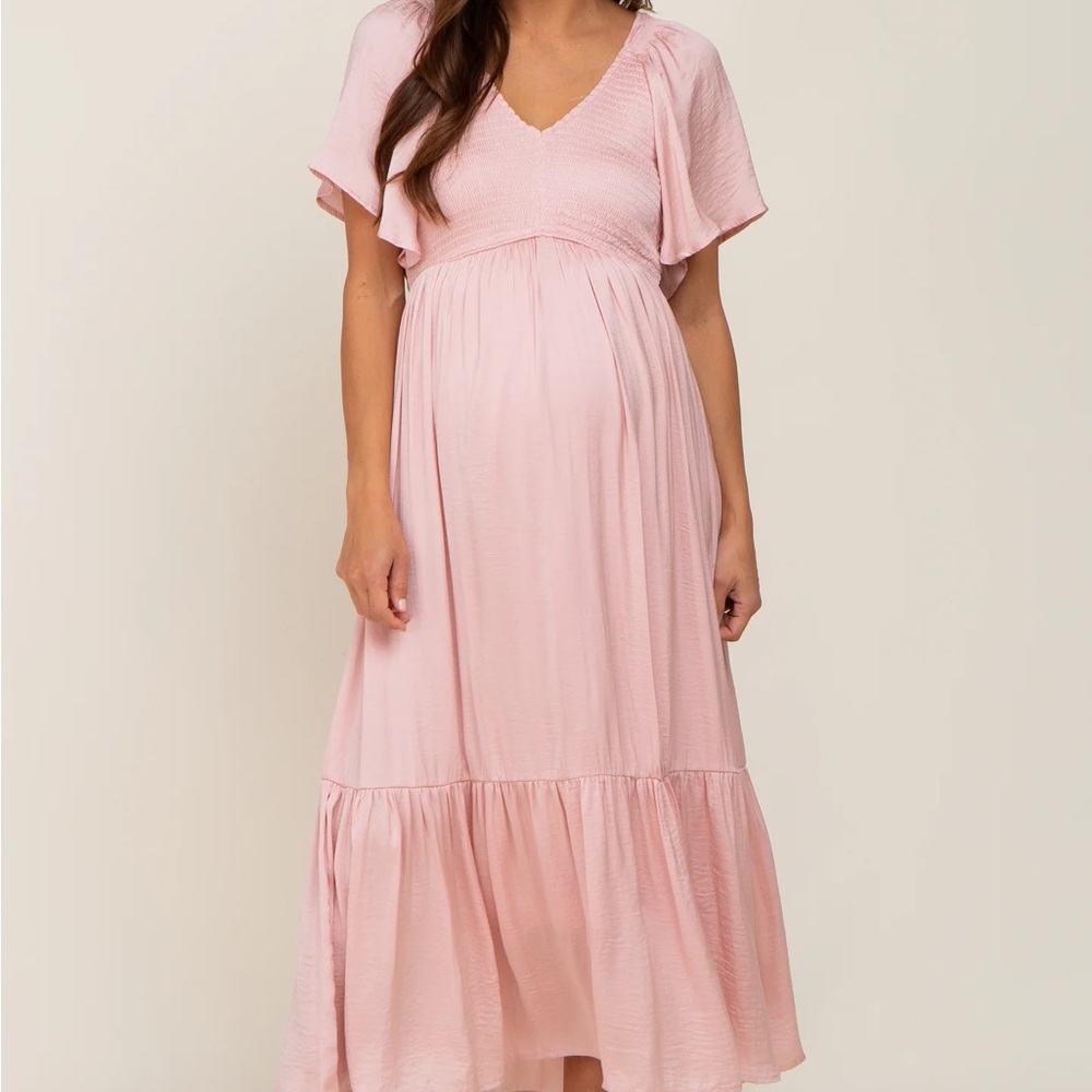 Light Pink Satin Smocked Maternity Dress